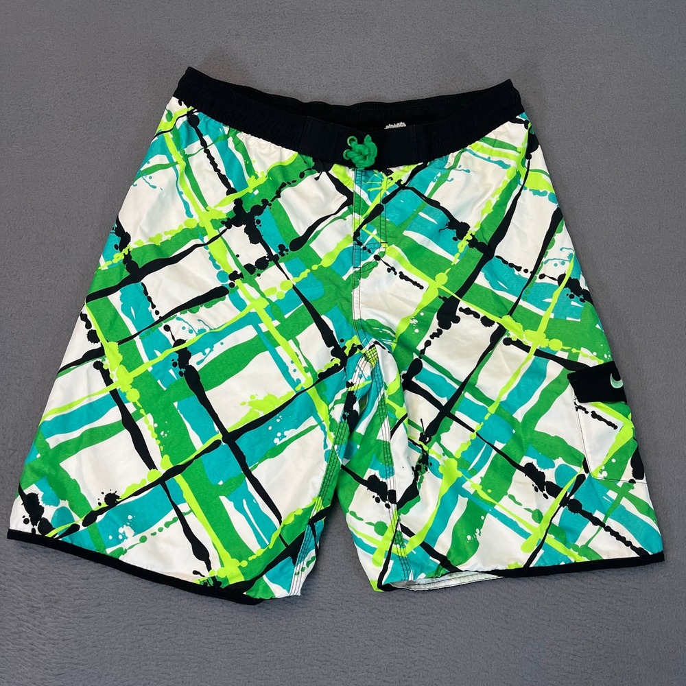Nike Mens Board‎ Shorts Green Teal Abstract Splatter Swim Trunks Size 32 Pocket